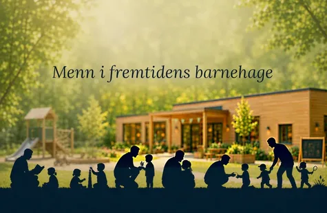 Mennesker sammen i en barnehagehage i bakgrunn med grønt treverk og lekeplass; skygger av voksne og barn som leker, leser og snakker i dammen. tekst: "Menn i fremtidens barnehage" over midten.
