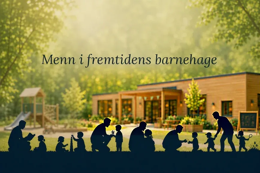 Mennesker sammen i en barnehagehage i bakgrunn med grønt treverk og lekeplass; skygger av voksne og barn som leker, leser og snakker i dammen. tekst: "Menn i fremtidens barnehage" over midten.