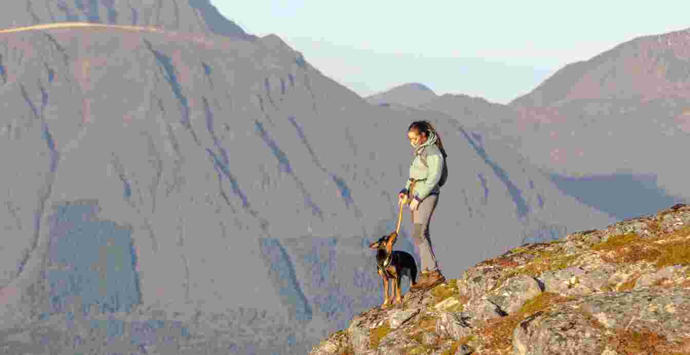 Jente med hund står i en bratt fjellside i solnedgang