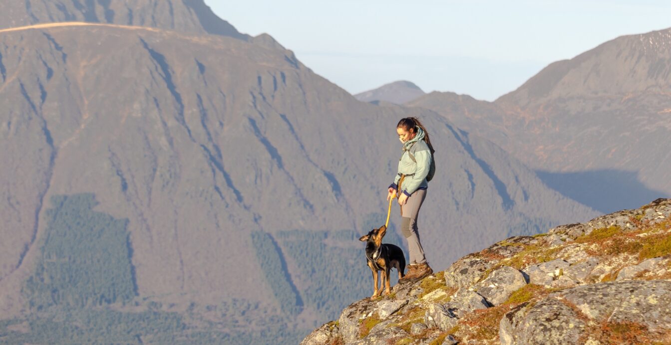 Jente med hund står i en bratt fjellside i solnedgang