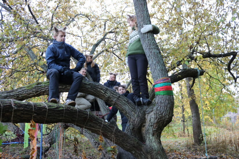 Noen ungdommer har klatret opp i et tre.
