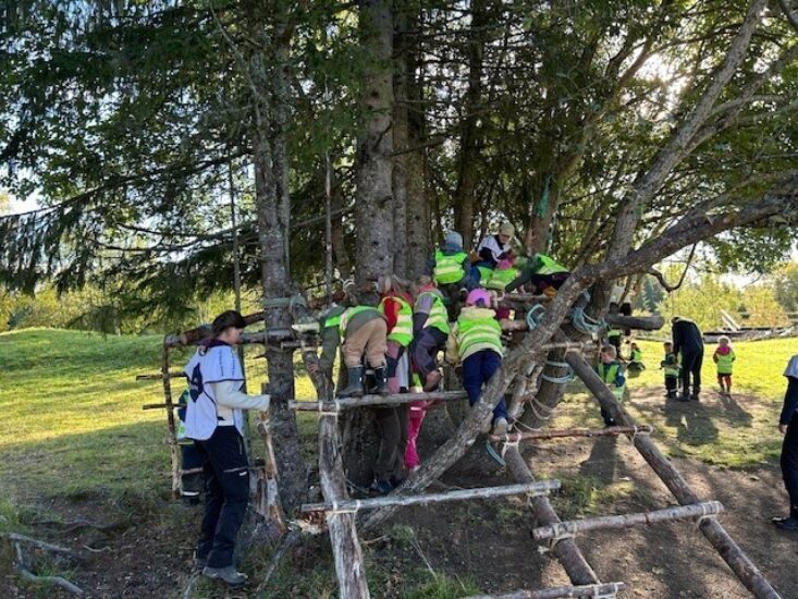 Mange barn i vester klatrer i et stort trestativ