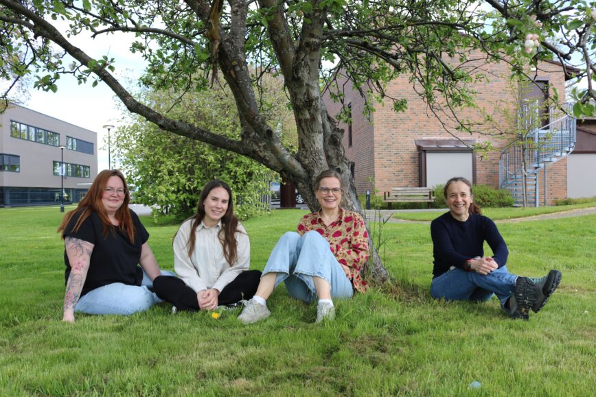 4 kvinner fotografert utendørs, sittende på bakken.