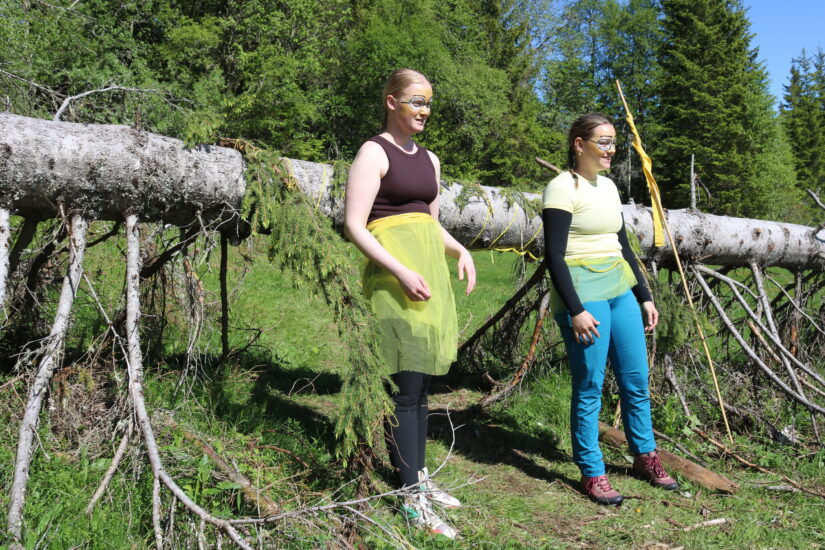 To kvinner står foran et tre som har veltet i skogen.