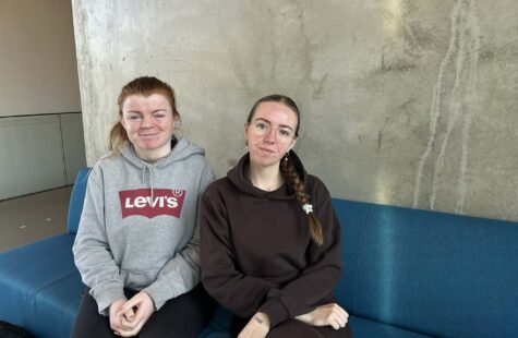 To unge kvinner sitter i en blå sofa.