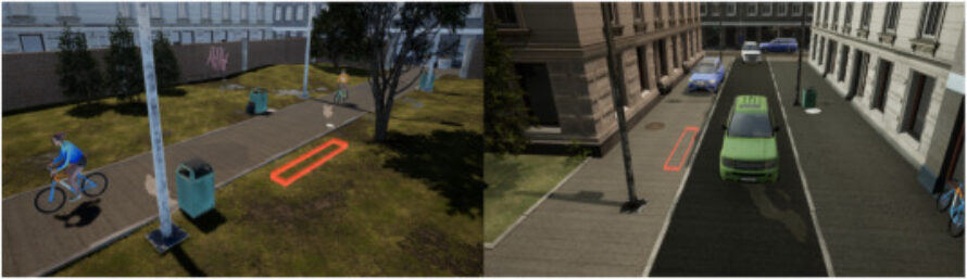 The image shows a virtual street with a bike lane that the children are asked to cross.