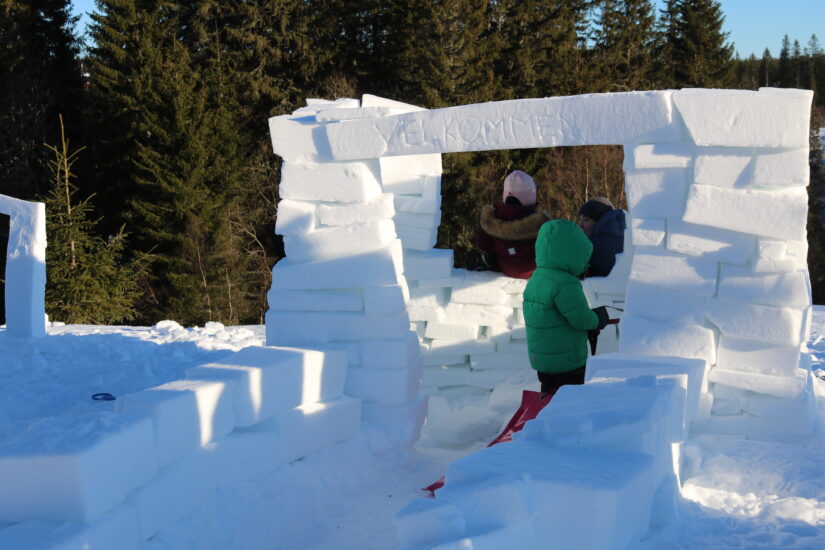 To barn leker i en snøfestning.