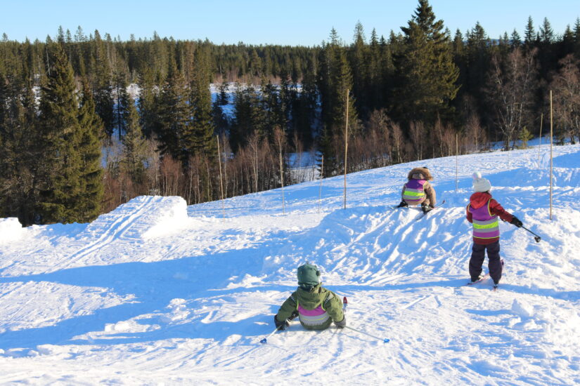 Vi ser ryggen på tre barn som står på ski nedover en liten bakke.