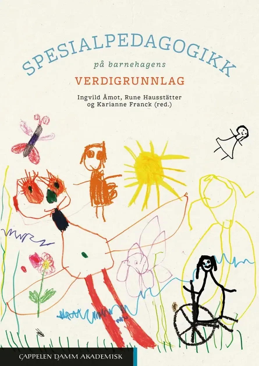 Barneskikkelser og fargerik tegning preget av lek og natur, med sol, blomster, mennesker og en sykkel i et fargesprakende uttrykk.