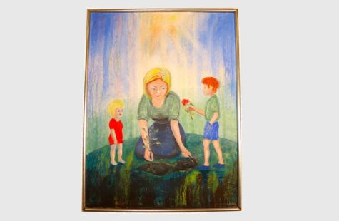 Uten tittel (s. 23) Maleri på lerret - dame som plukker blomster med barn av Lorentz Aage Nagelhus
88 x 68 cm
Plassert i korridor mellombygg 3. etasje.