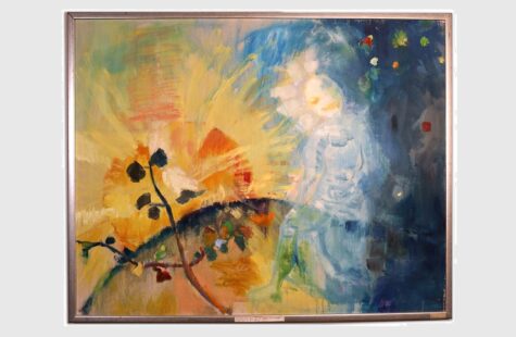 Skapelsen, 8 av 27 Drømmende maleri av Merete Helland Hansen Skogseth. Viser et maleri i skarpe farger av gult, blått, rødt og hvitt.