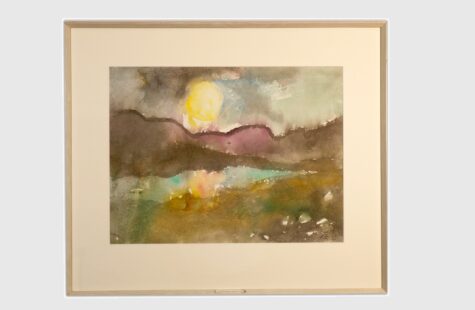 Skapelsen, 9 av 27 Drømmende maleri av Merete Helland Hansen Skogseth. Viser et landskap med en stigende måne over fjellene.