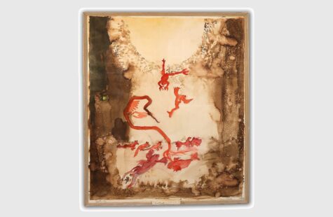 Skapelsen, 10 av 27 Bilde av Merete Helland Hansen Skogseth  bilde viser menneskelige skikkelser som dukker ned i et abstrakt vann.