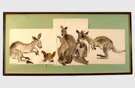 Skapelsen, 17 av 27 Maleri av fem brune kenguru og en høne. Maleriet er satt sammen av flere sider.
