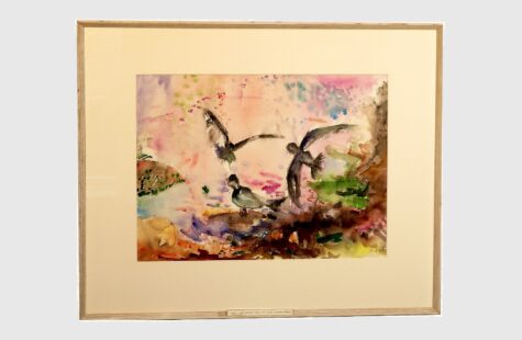 Skapelsen, 14 av 27 Maleri av tre fugler som flyr over jorden under himmelen i sprakende farger.