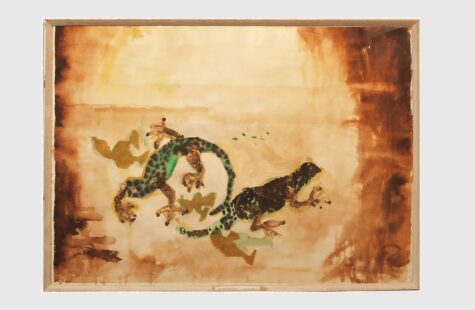 Skapelsen, 13 av 27 Maleri av to salamandere i måneskinn i brunt og grønt.