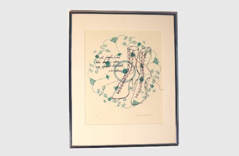 Uten tittel (s. 8) Silketrykk av damestøvletter brodert med sytråd etter en sang av Bellman
41 x 51 cm
Plassert i korridor ved fysisk fostringsgangen i 2. etasje i mellombygget