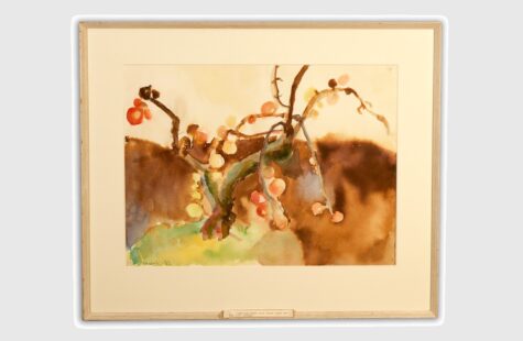 Skapelsen, 7 av 27 Drømmende maleri av Merete Helland Hansen Skogseth. Viser en gren med frukter på i brunt og rødt.