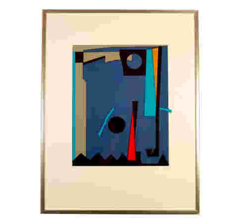 Silketrykk av Lars Tiller i blått, sort, beige og rødt.
66 x 62 cm
Plassert i korridor i mellombygg 3. etasje.