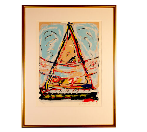 Silketrykk i jordfarger: 60 x 62 cm. Plassert i korridor i mellombygg 3. etasje.