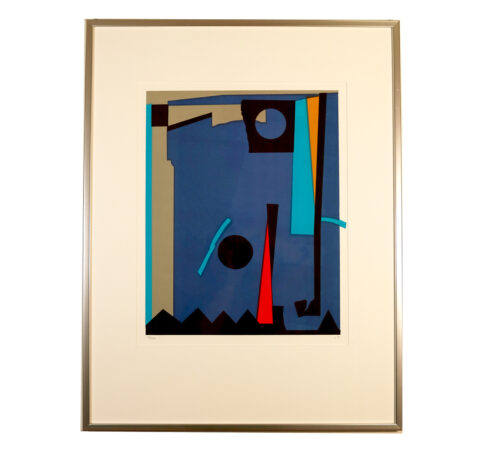 Silketrykk av Lars Tiller i blått, sort, beige og rødt.
66 x 62 cm
Plassert i korridor i mellombygg 3. etasje.