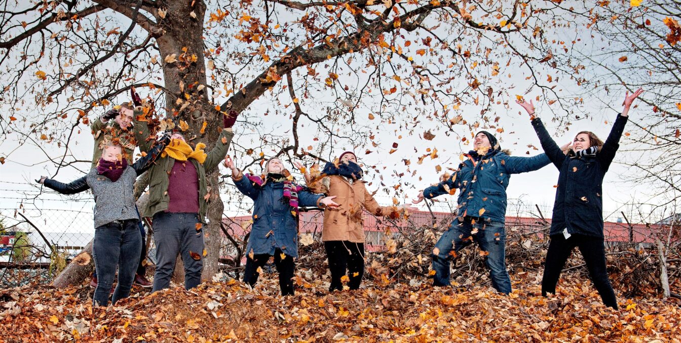 Studenter kaster løv i været, smiler og ler