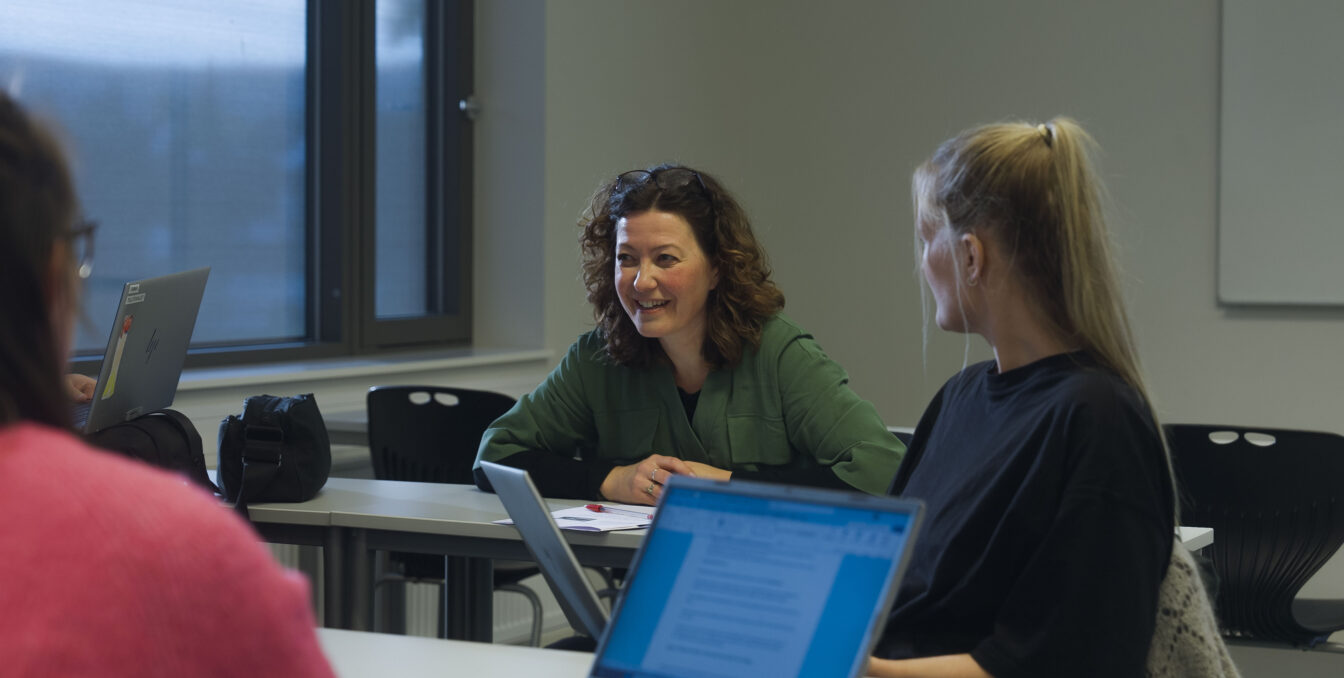 En gruppe personer i et møterom sitter rundt et bord og snakker; en kvinne i grønn jakke smiler mens hun snakker med en annen person, og flere med laptops ligger åpen.