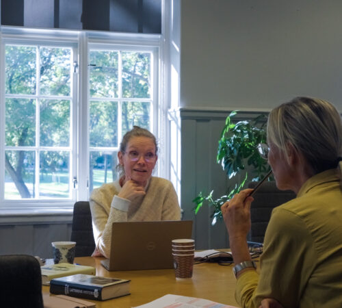 To personer i et møterom som snakker sammen ved et bord, med laptop, kaffekopper og papir, store vinduer og grønt ute.