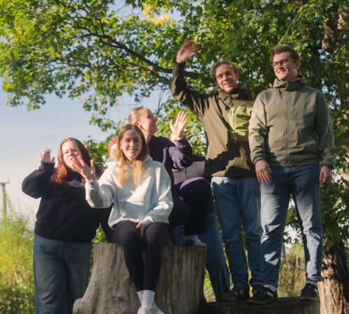 fem personer står og sitter på et trestamme i en park, ler og vinker mot kamera mens de står og sitter på en stor stubbe under grønt løvverk under klar himmel