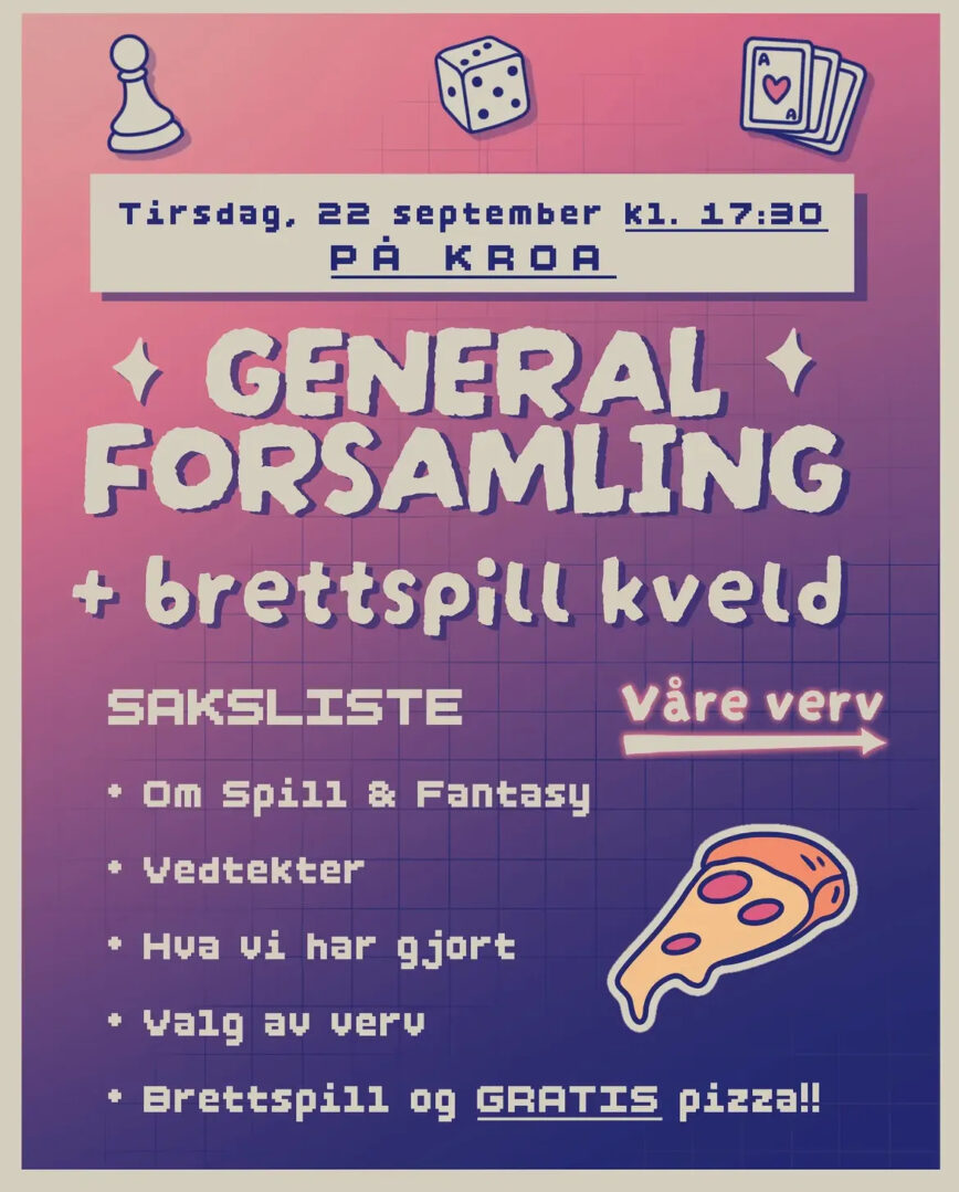 Kjempemorsomt plakat for en generalforsamling på kroa, med rosa-lilla gradient, store hvite bokstaver, spillekort, die og pizzabilde.